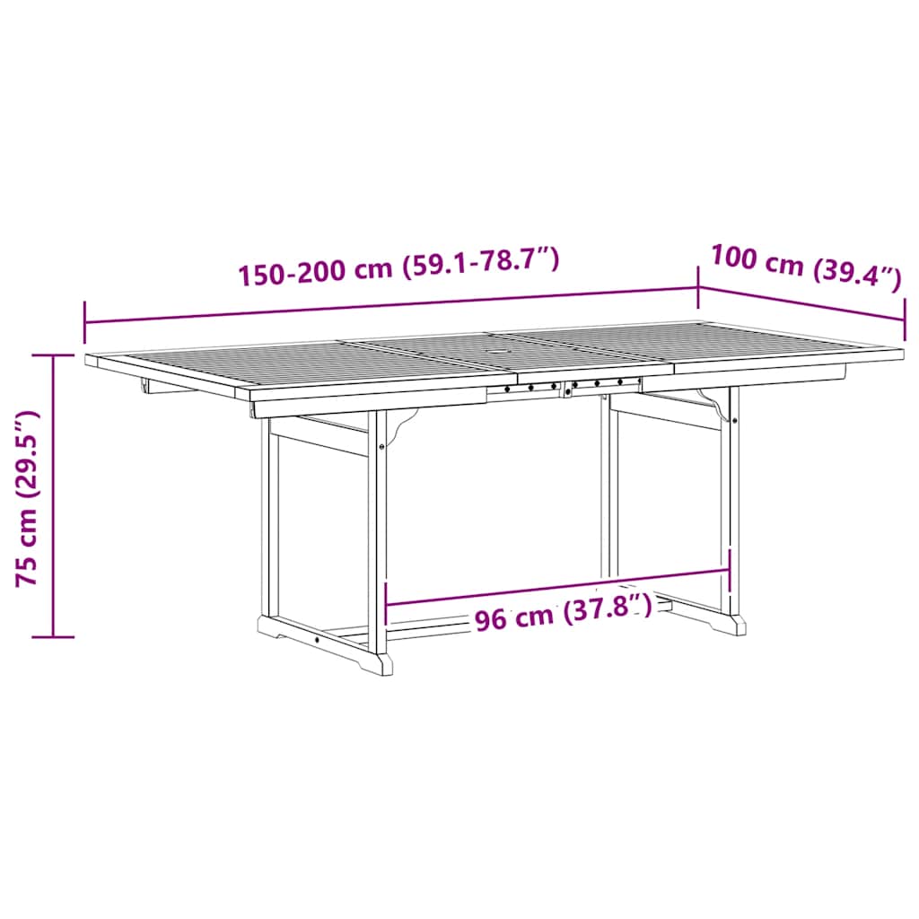 vidaXL Τραπεζαρία Κήπου (150-200) x 100 x 75 εκ από Μασίφ Ξύλο Ακακίας