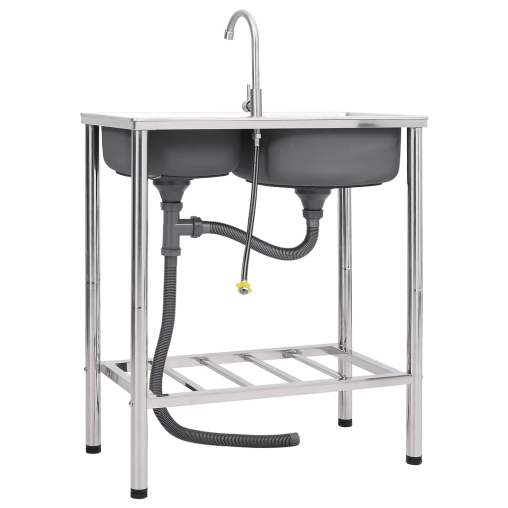 vidaXL Νεροχύτης Εξωτερ. Χώρου με Διπλή Γούρνα & Μπαταρία Ανοξ. Ατσάλι