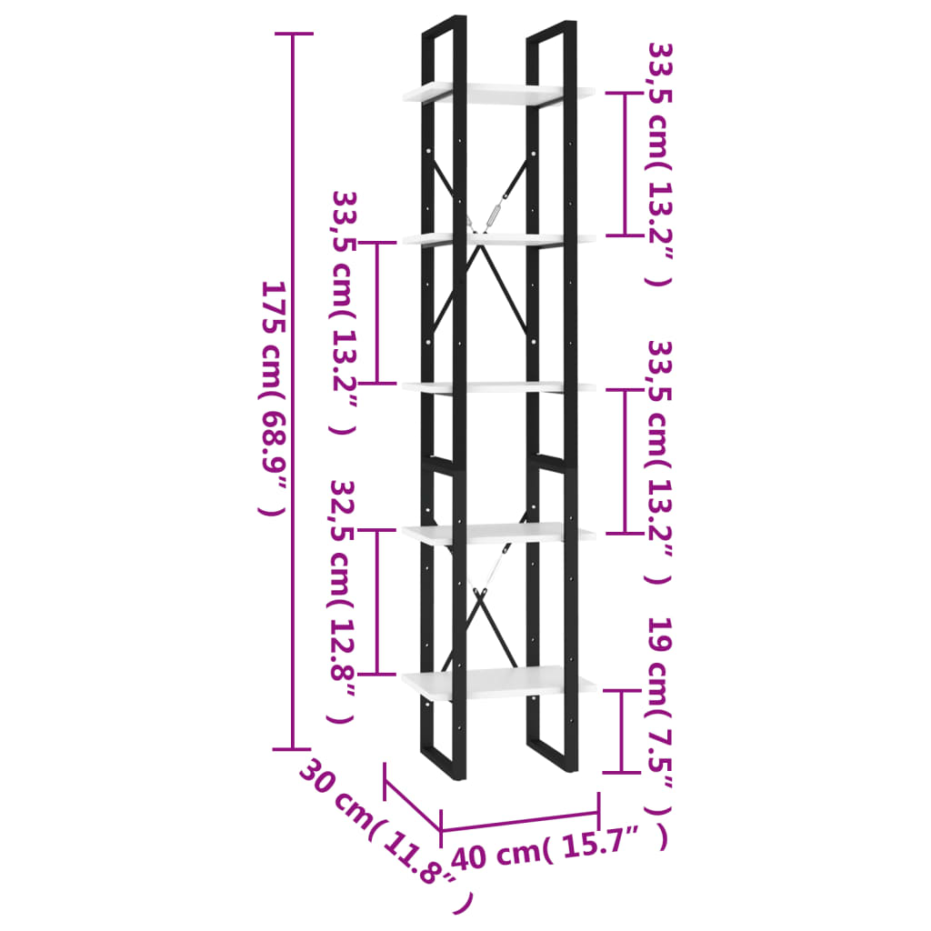 vidaXL Βιβλιοθήκη με 5 Ράφια Λευκή 40 x 30 x 175 εκ. από Επεξ. Ξύλο