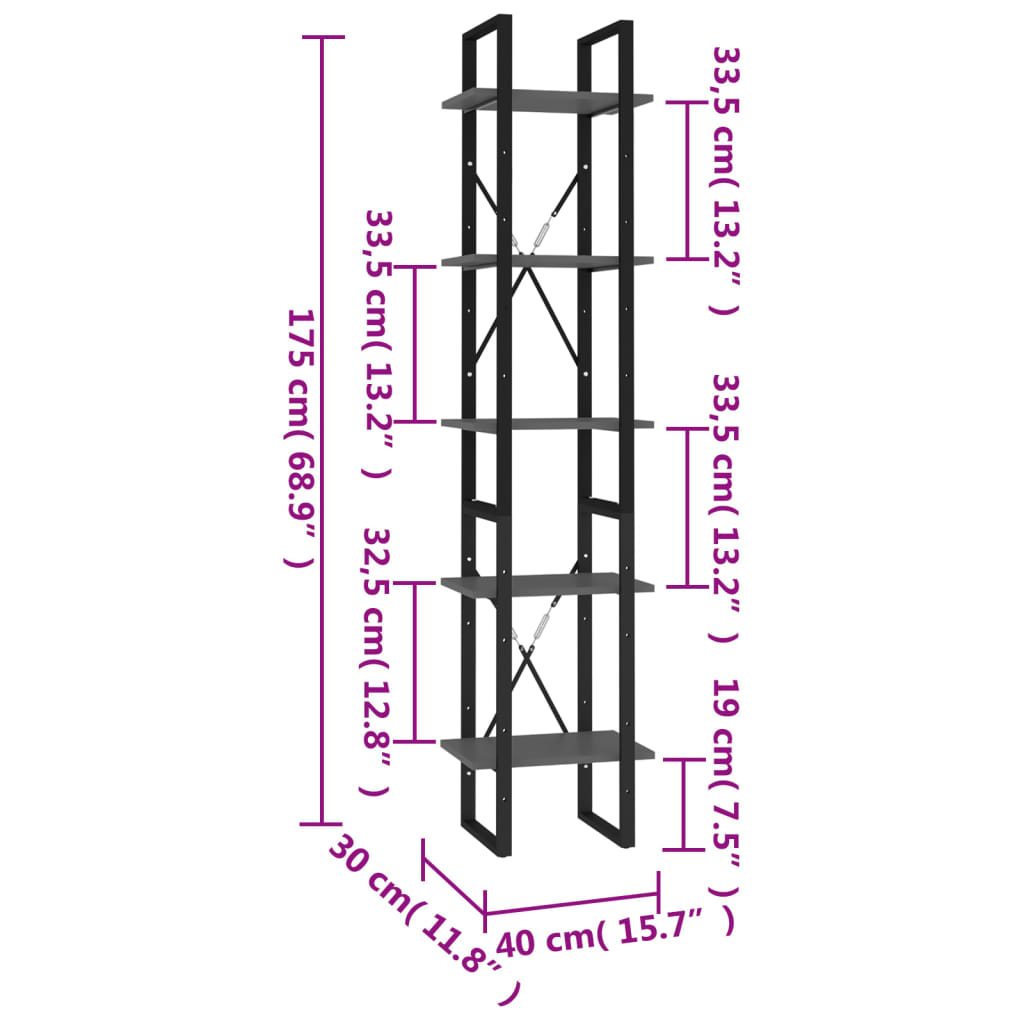 vidaXL Βιβλιοθήκη με 5 Ράφια Γκρι 40 x 30 x 175 εκ. από Επεξ. Ξύλο