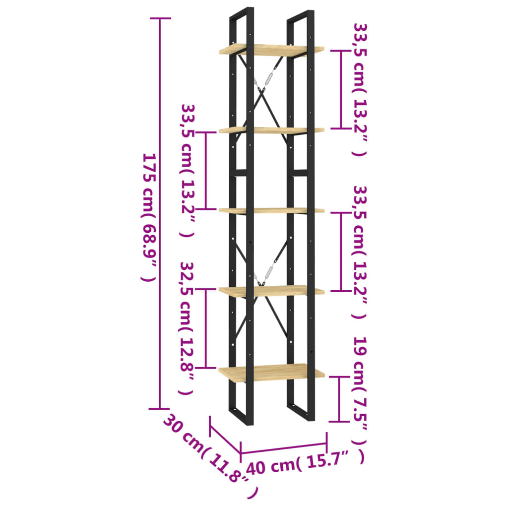 vidaXL Βιβλιοθήκη με 5 Ράφια 40 x 30 x 175 εκ. από Ξύλο Πεύκου