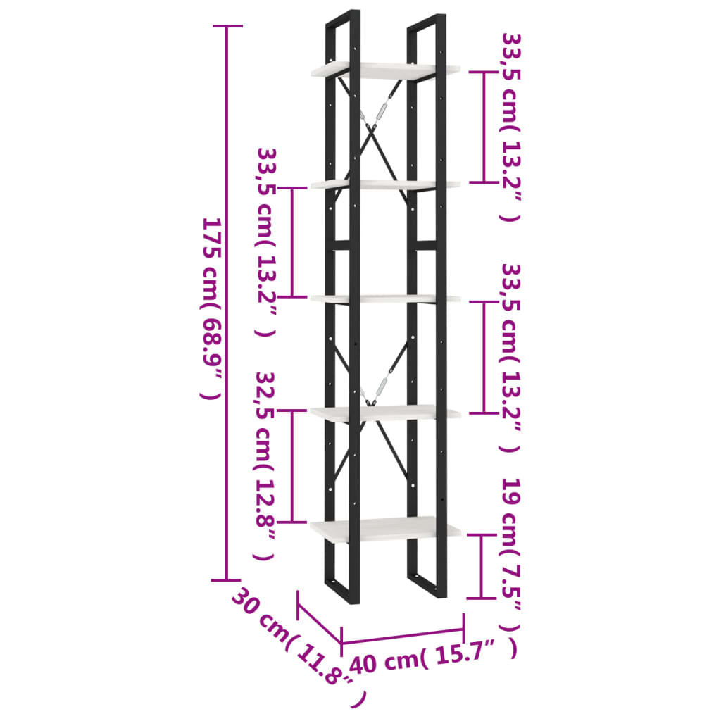 vidaXL Βιβλιοθήκη με 5 Ράφια Λευκή 40 x 30 x 175 εκ. από Ξύλο Πεύκου