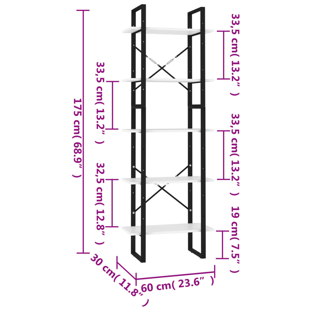 vidaXL Βιβλιοθήκη με 5 Ράφια Λευκή 60 x 30 x 175 εκ. από Επεξ. Ξύλο