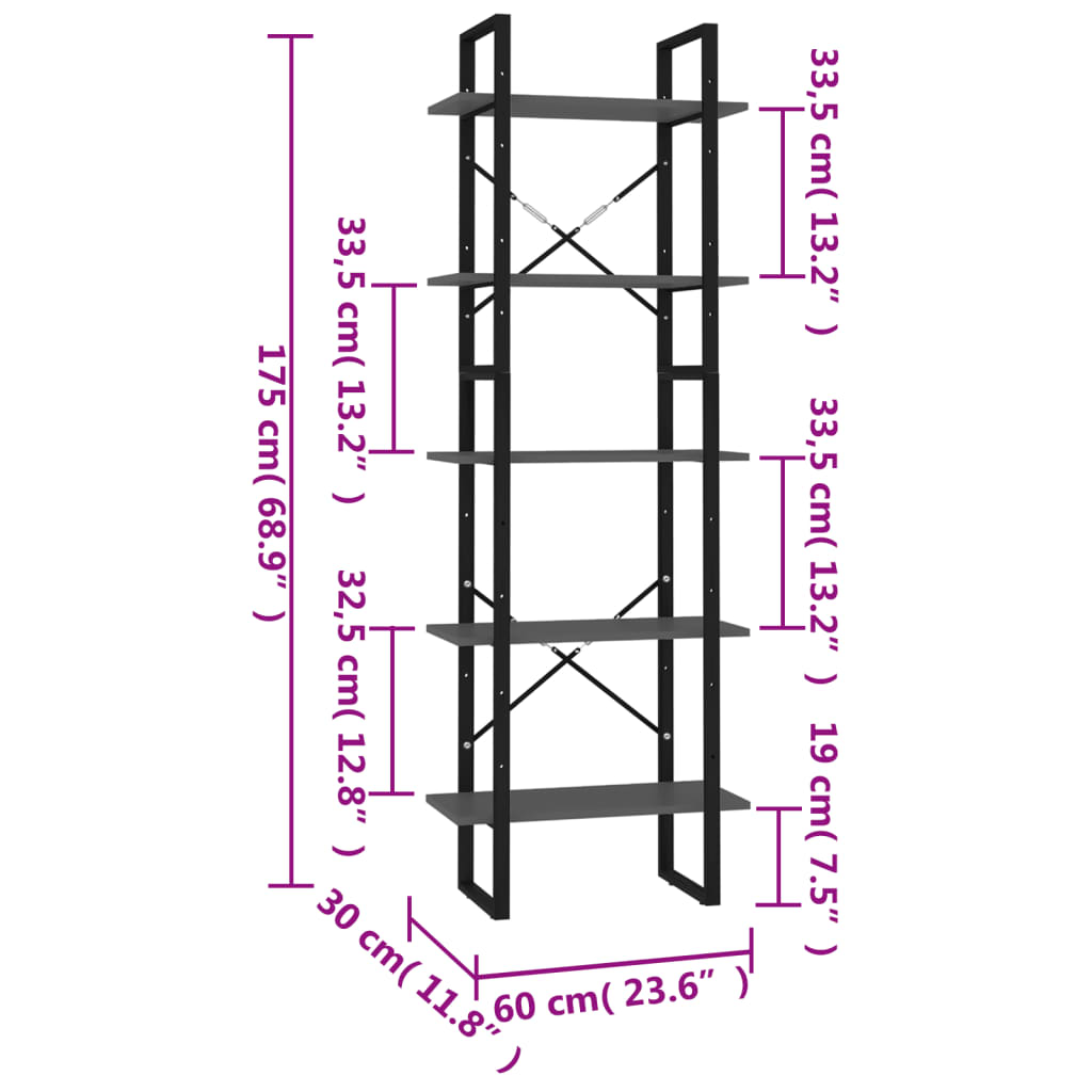 vidaXL Βιβλιοθήκη με 5 Ράφια Γκρι 60 x 30 x 175 εκ. από Επεξ. Ξύλο