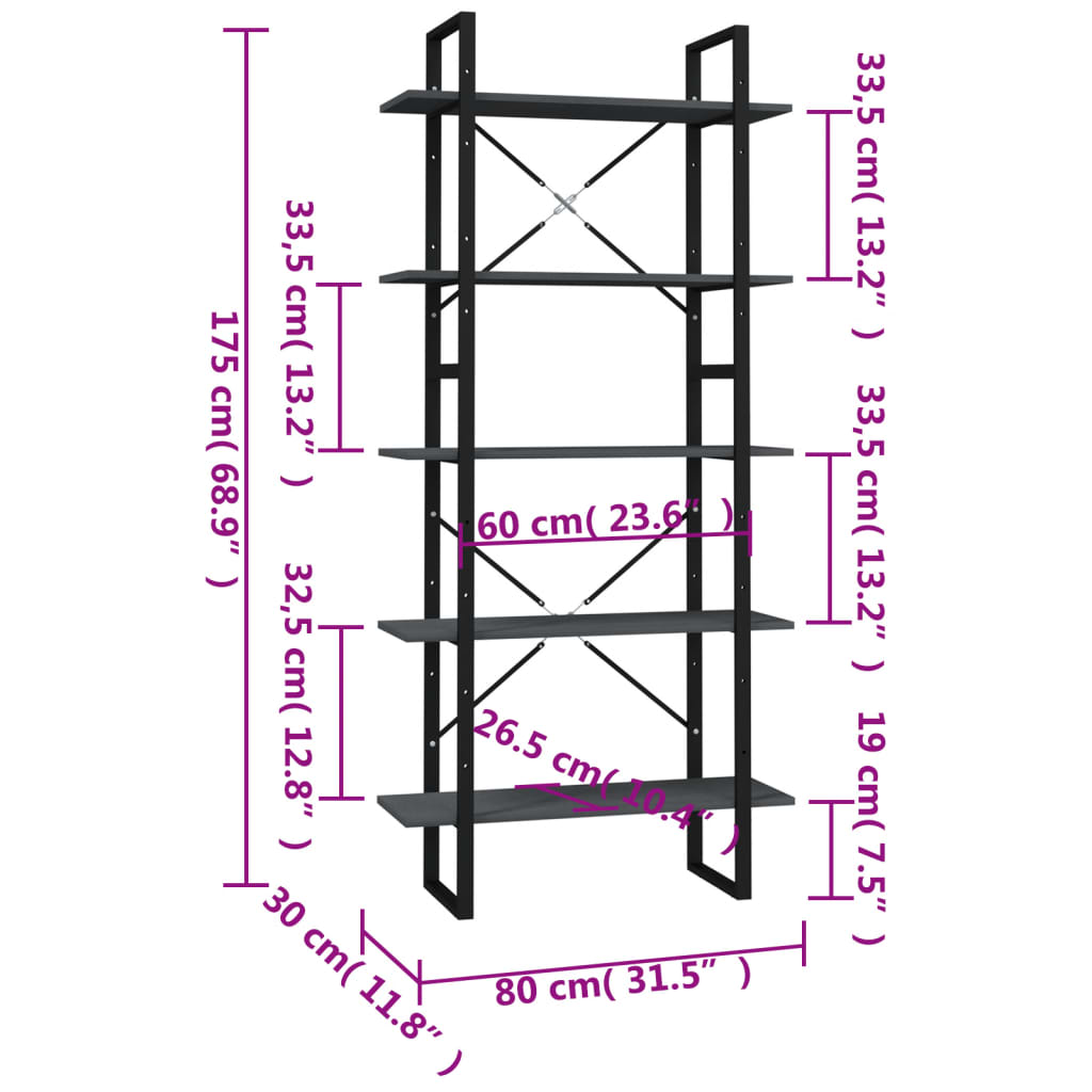 vidaXL Βιβλιοθήκη με 5 Ράφια Γκρι 80 x 30 x 175 εκ. από Ξύλο Πεύκου
