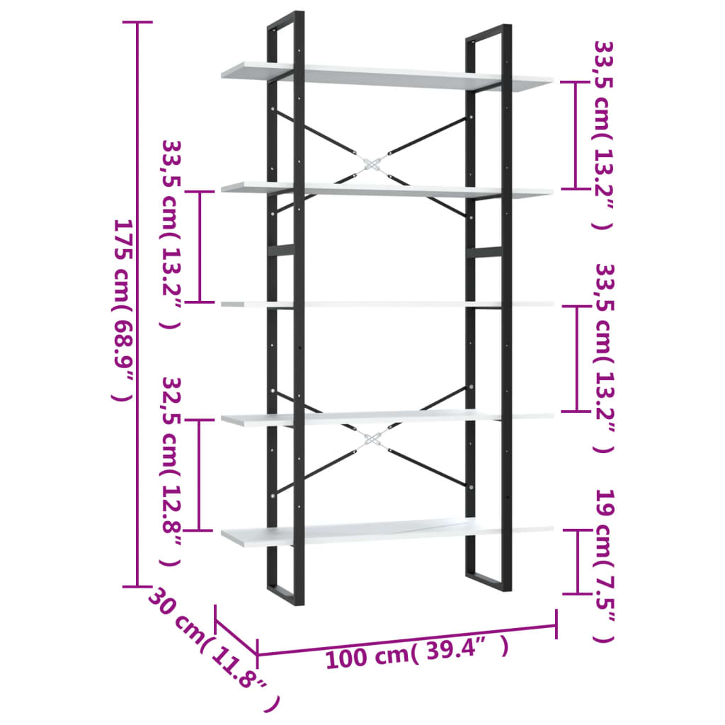 vidaXL Βιβλιοθήκη με 5 Ράφια Λευκή 100 x 30 x 175 εκ. από Επεξ. Ξύλο