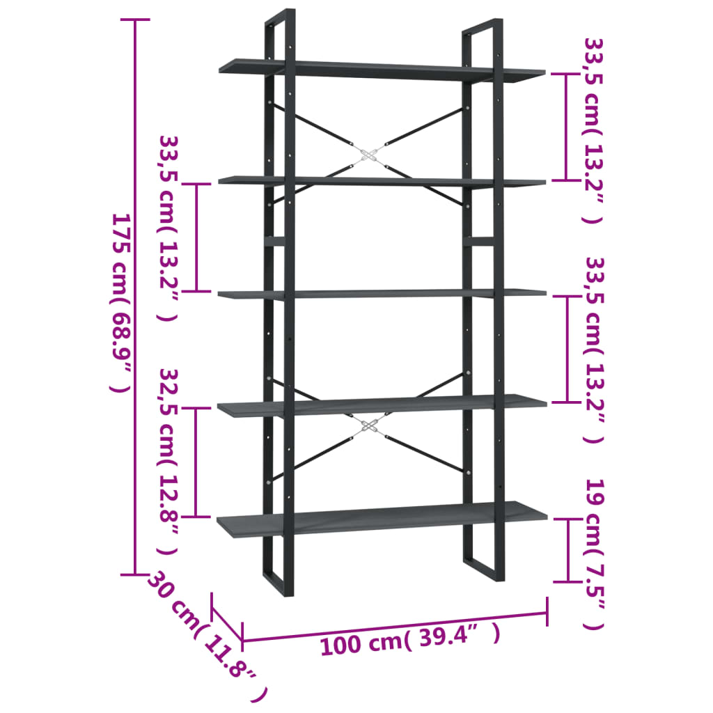 vidaXL Βιβλιοθήκη με 5 Ράφια Γκρι 100 x 30 x 175 εκ από Ξύλο Πεύκου