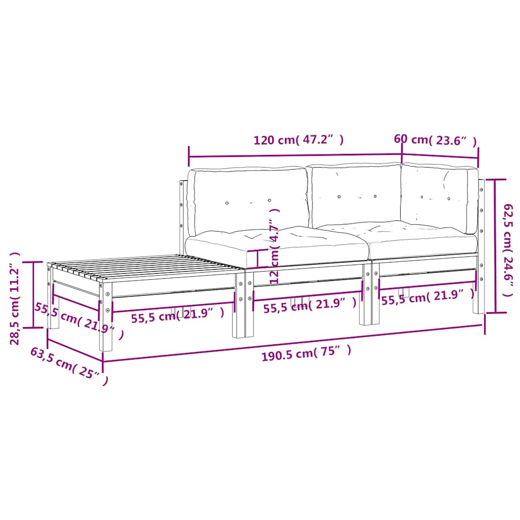 vidaXL Σαλόνι Κήπου Σετ 3 Τεμ. Μαύρο Μασίφ Ξύλο Πεύκου με Μαξιλάρια
