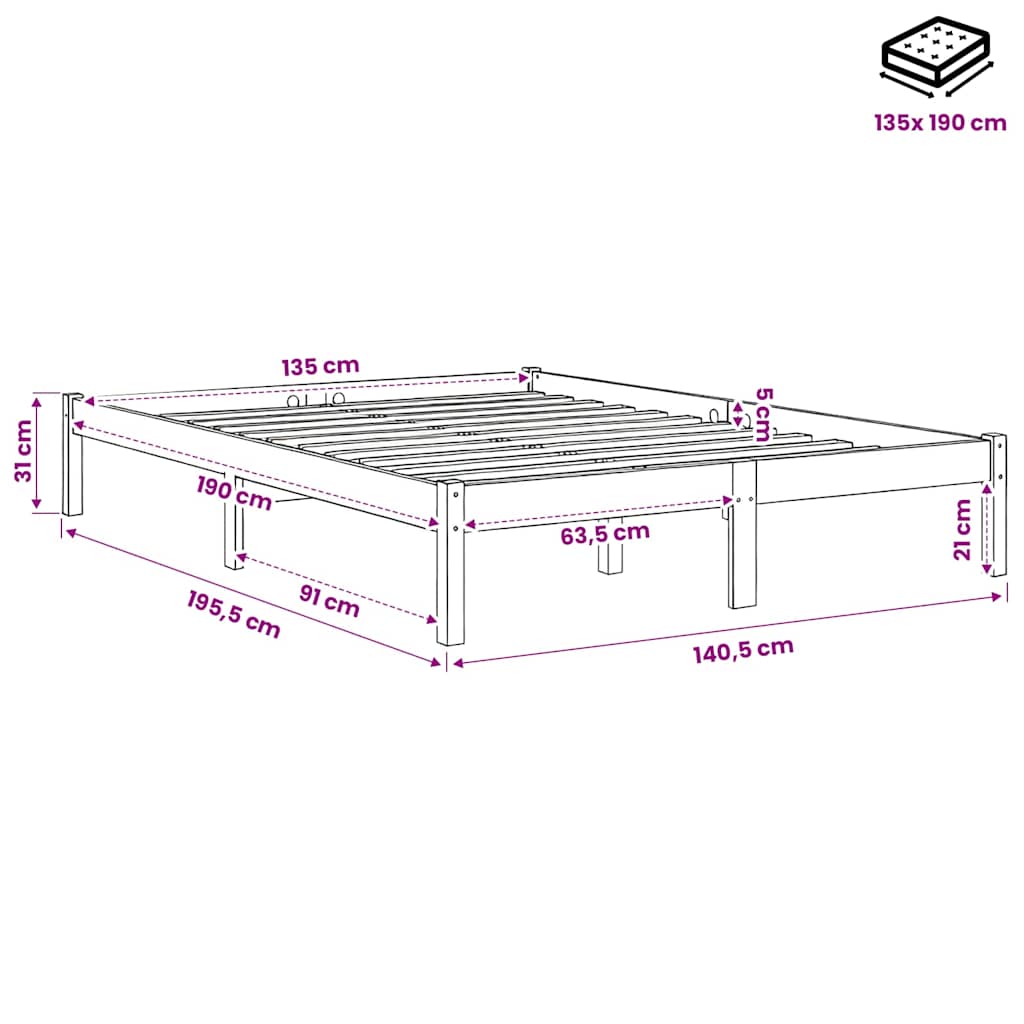 vidaXL Πλαίσιο Κρεβατιού Μαύρο 135x190 εκ. από Μασίφ Ξύλο Double