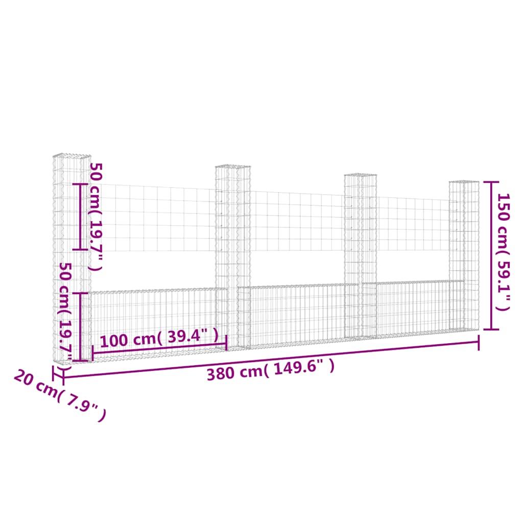 vidaXL Συρματοκιβώτια Στύλοι σε U Σχήμα 4 τεμ. 380x20x150 εκ Σιδερένια