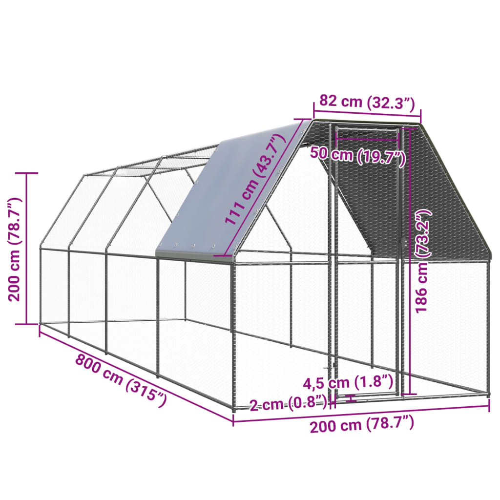 vidaXL Κοτέτσι - Κλουβί Εξωτ. Χώρου 2x8x2 μ. από Γαλβανισμένο Χάλυβα