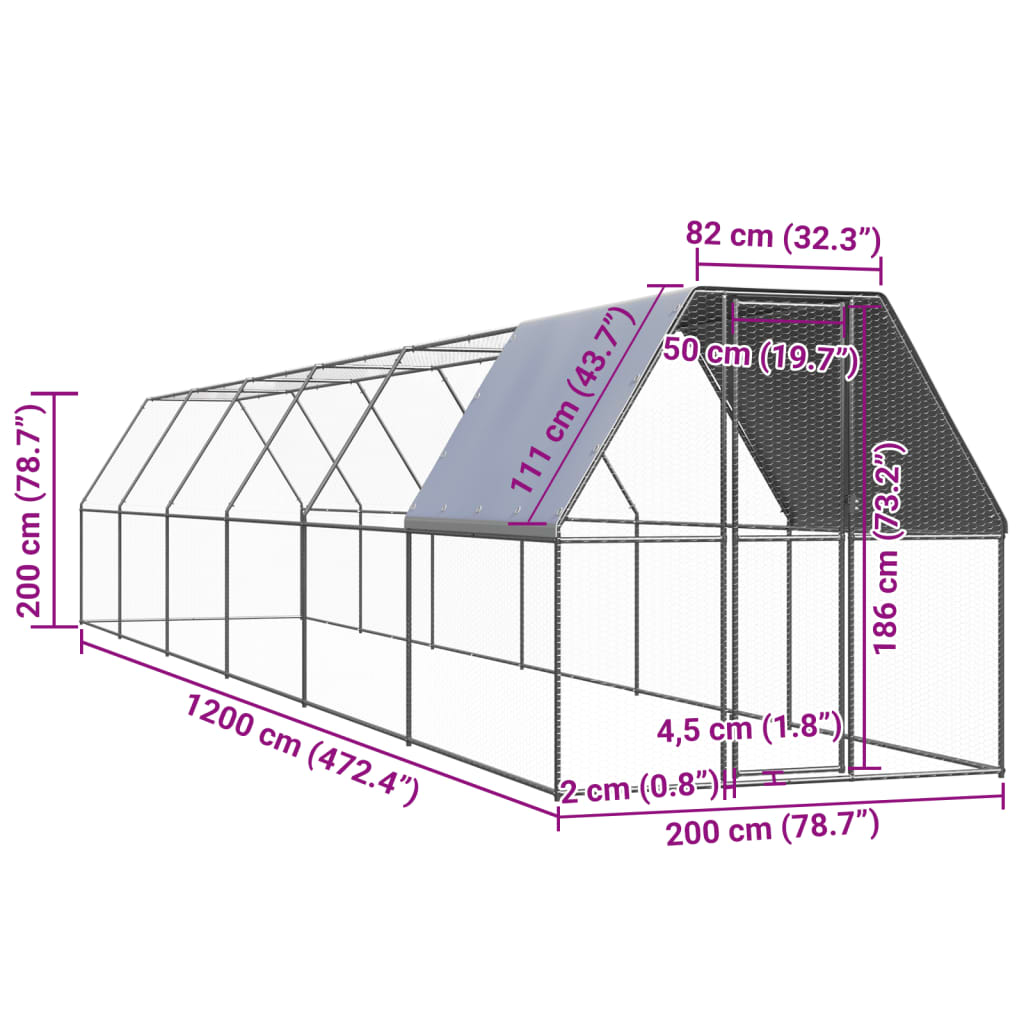vidaXL Κοτέτσι - Κλουβί Εξωτ. Χώρου 2x12x2 μ. από Γαλβανισμένο Χάλυβα