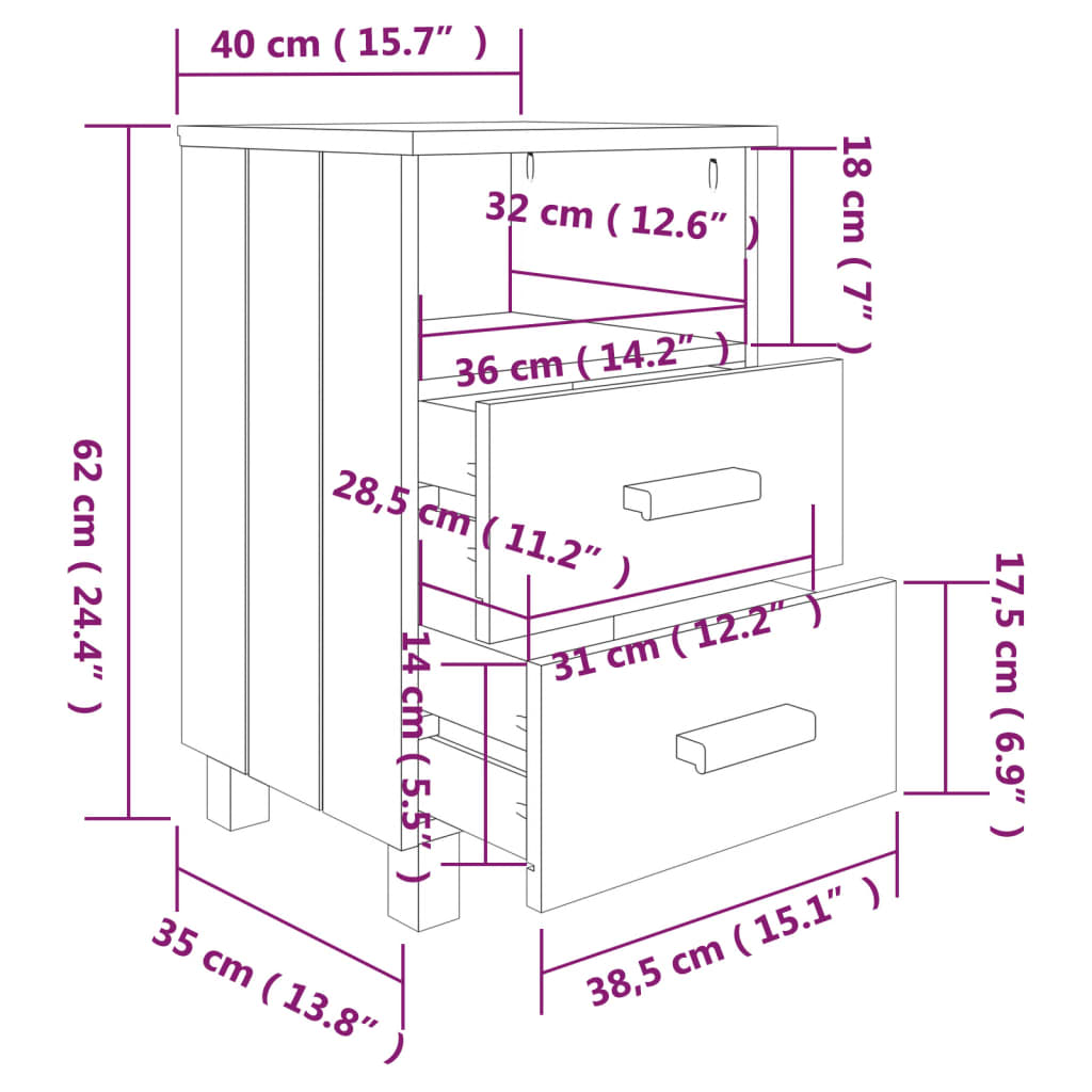 vidaXL Κομοδίνο HAMAR Γκρι 40x35x62 εκ. από Μασίφ Ξύλο Πεύκου