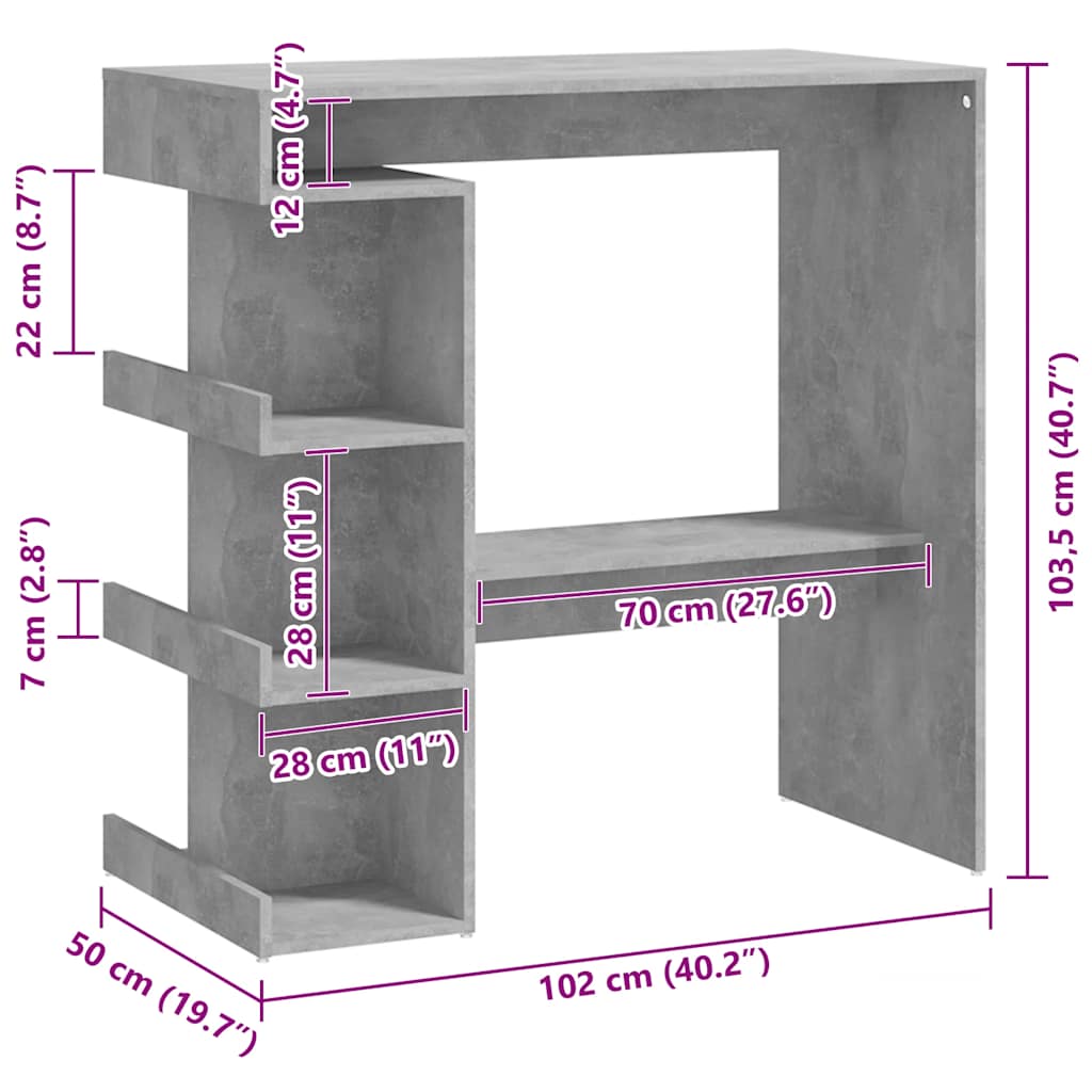 vidaXL Τραπέζι Μπαρ με Ράφια Γκρι Σκυρ. 100x50x101,5εκ. Επεξεργ. Ξύλο