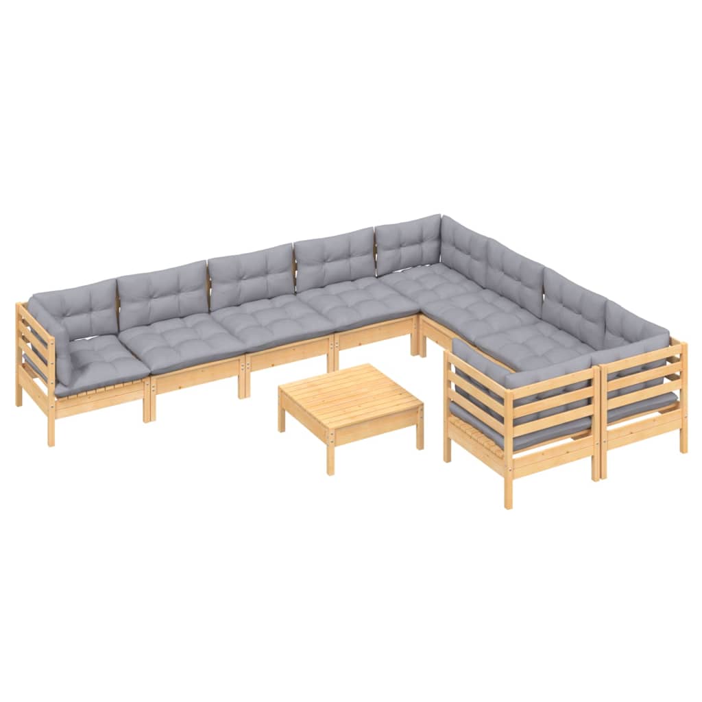 vidaXL Σαλόνι Κήπου Σετ 10 Τεμαχίων Ξύλο Πεύκου με Γκρι Μαξιλάρια