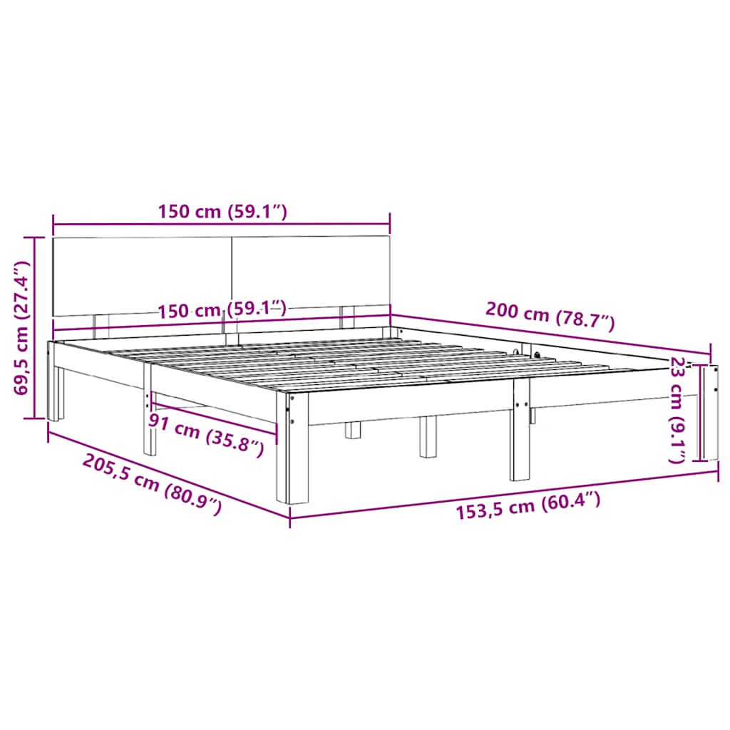 vidaXL Πλαίσιο Κρεβατιού Λευκό 150 x 200 εκ. Μασίφ Ξύλο King Size
