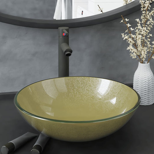 vidaXL Νιπτήρας Μπάνιου με Βρύση& Βαλβίδα Πατητή από Ψημ. Γυαλί Χρυσός