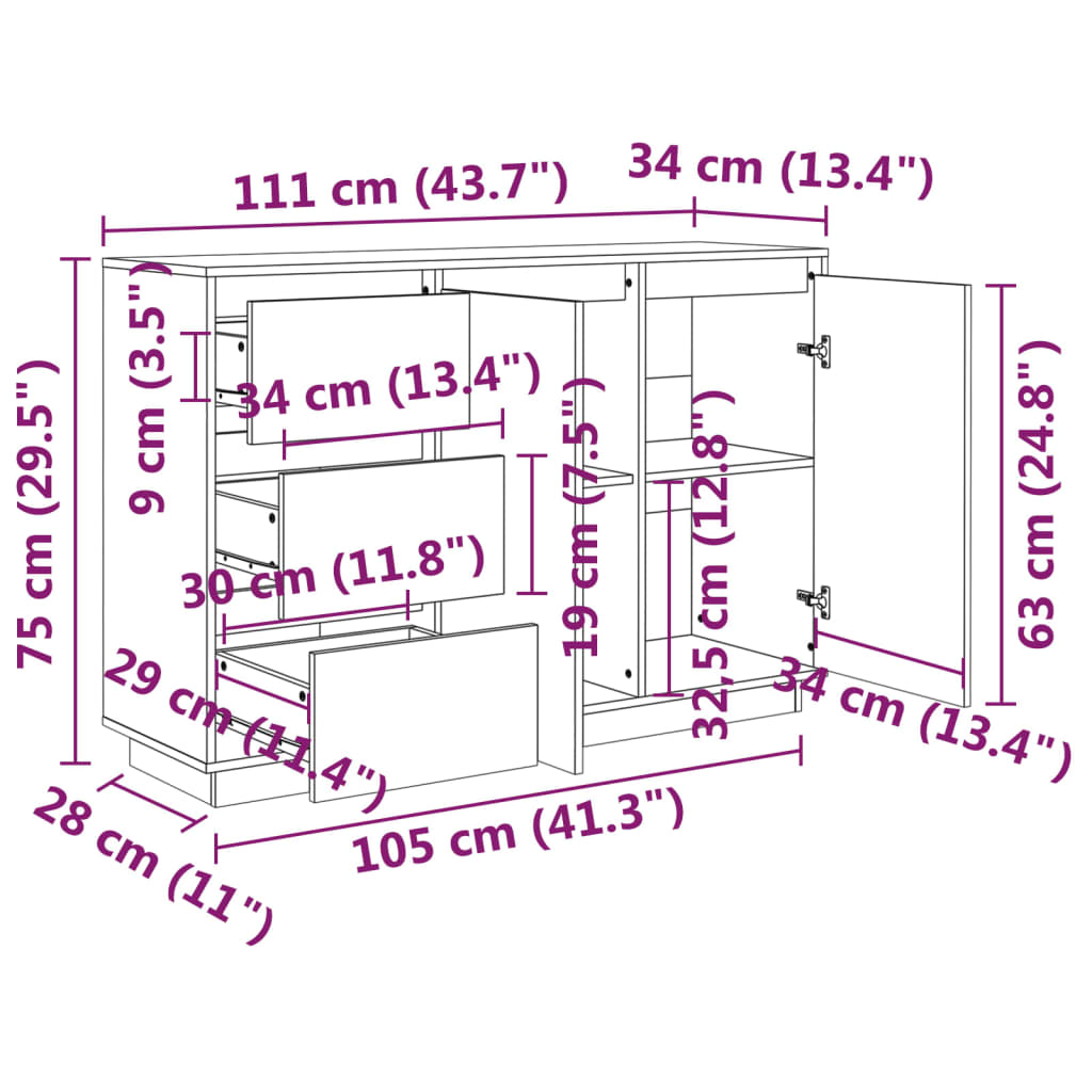 vidaXL Μπουφές με Συρτάρια Λευκός 111x34x75 εκ. από Μασίφ Ξύλο Πεύκου