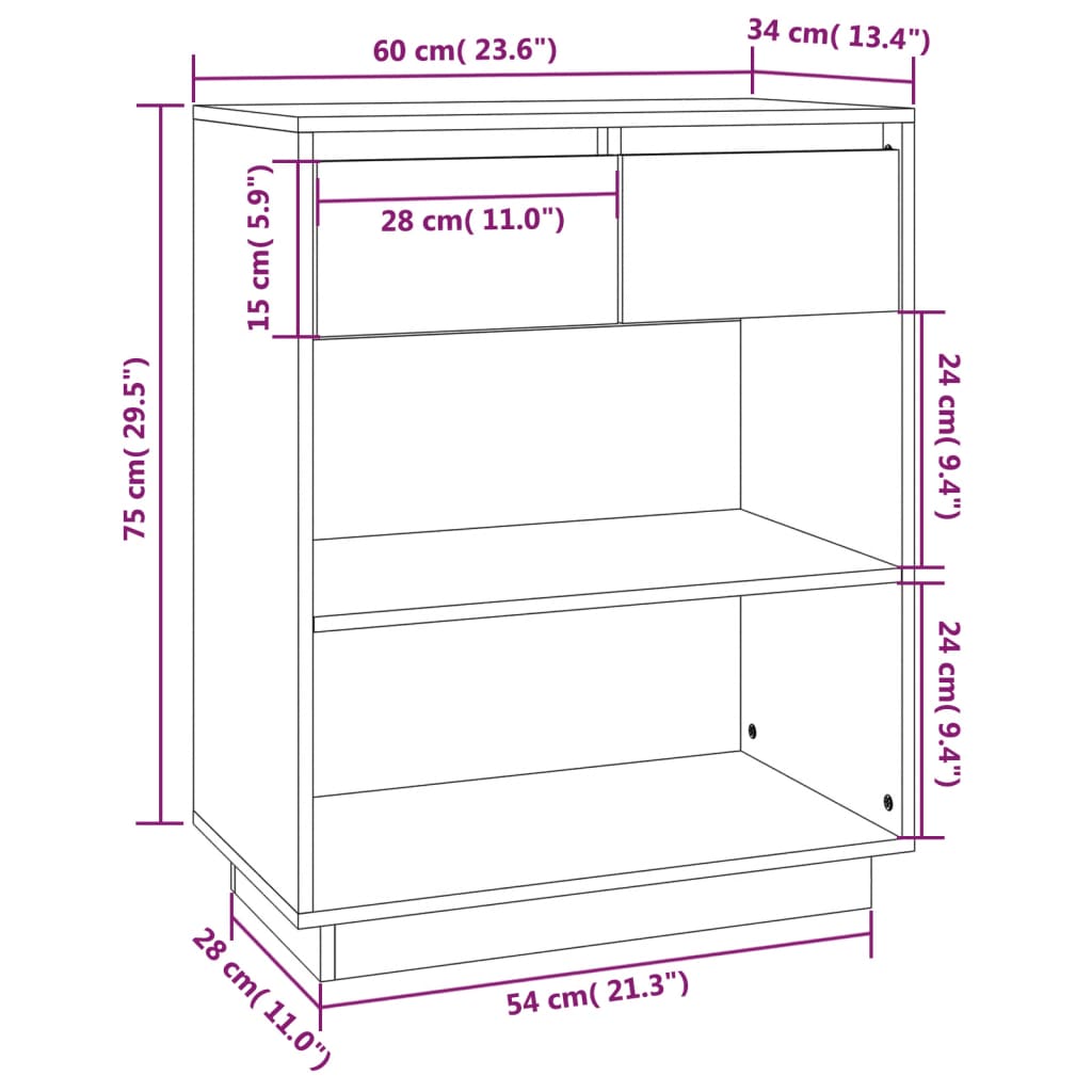 vidaXL Ντουλάπι Κονσόλα Μελί 60 x 34 x 75 εκ. από Μασίφ Ξύλο Πεύκου