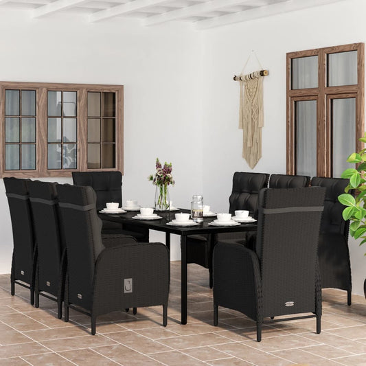 vidaXL Σετ Τραπεζαρίας Κήπου 9 τεμ Μαύρο με Μαξιλάρια