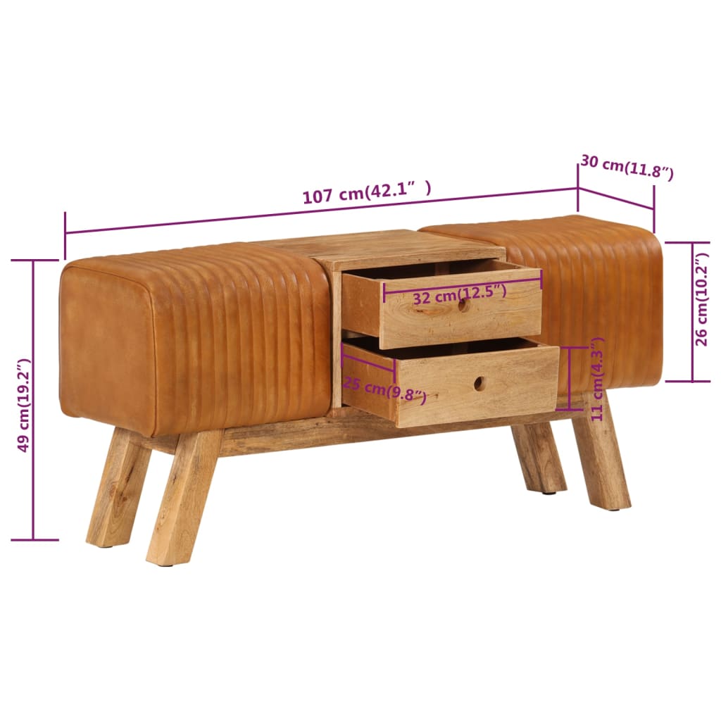 vidaXL Πάγκος Bok Καφέ 107 εκ. Γνήσιο Δέρμα Κατσίκας & Μασίφ Μάνγκο