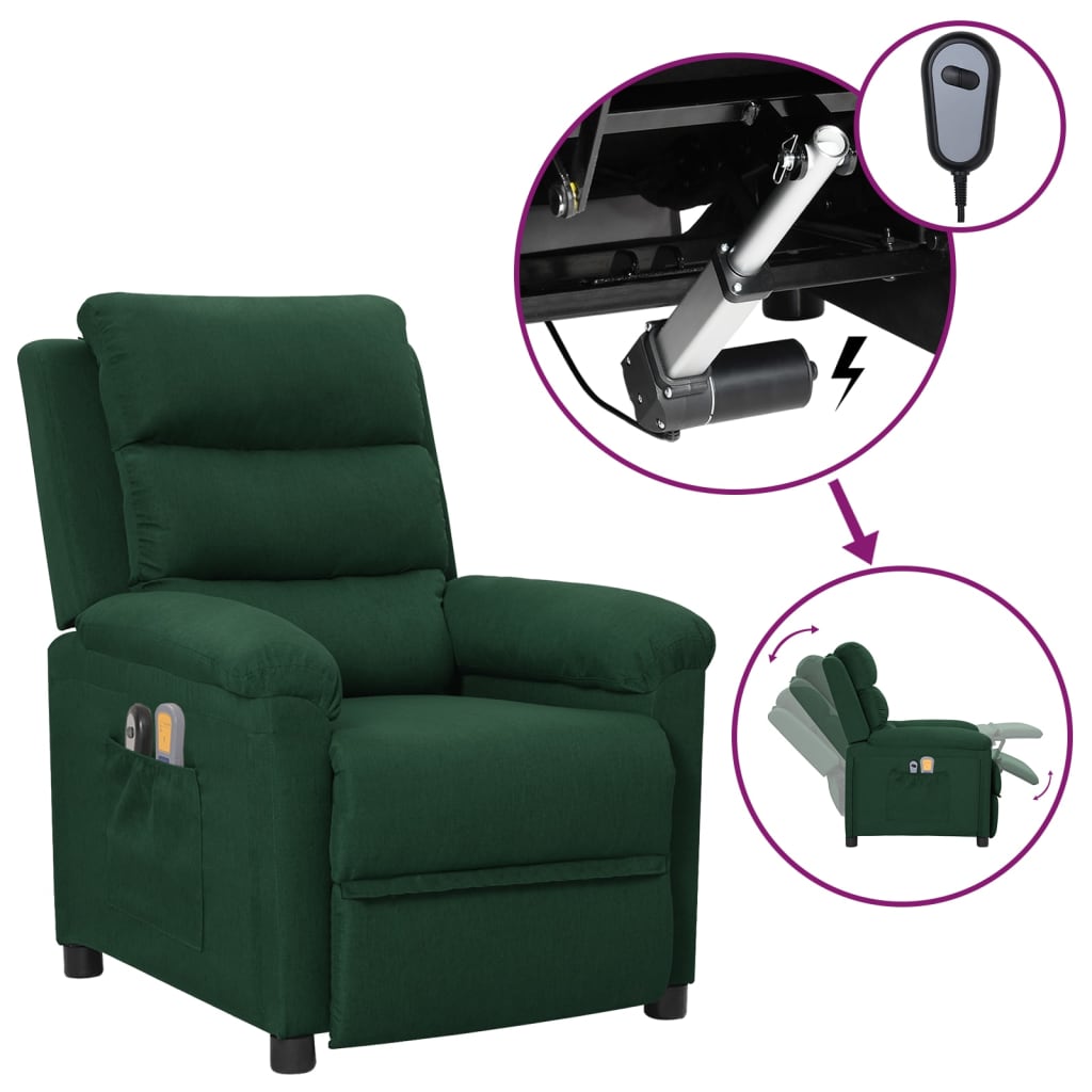 vidaXL Πολυθρόνα Μασάζ Ηλεκτρική Σκούρο Πράσινο Υφασμάτινη