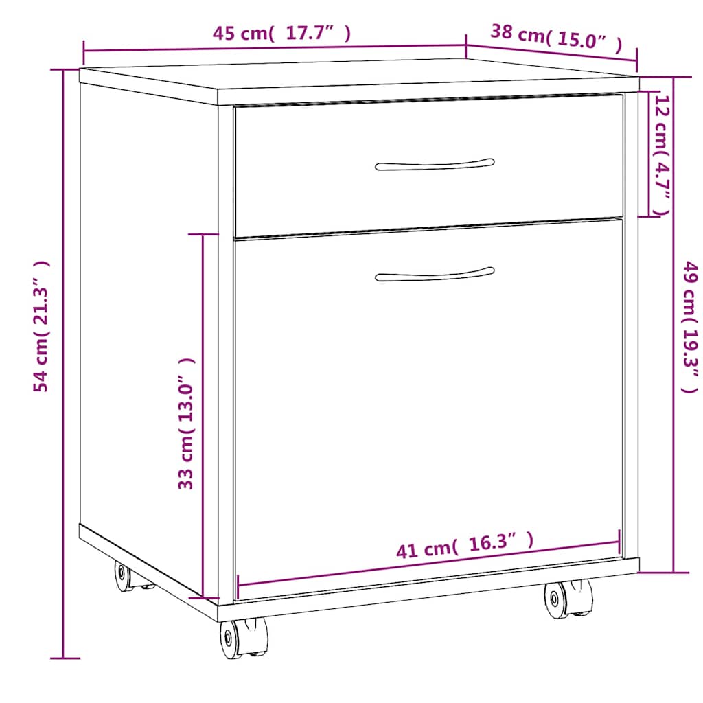 vidaXL Ντουλάπι Με Ροδάκια Γκρι Sonoma 45 x 38 x 54 εκ. Επεξεργ. Ξύλο