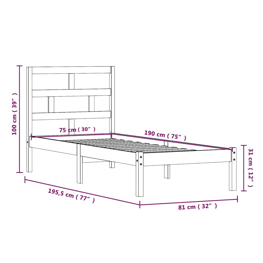 vidaXL Πλαίσιο Κρεβατιού 75 x 190 εκ. από Μασίφ Ξύλο Small Single