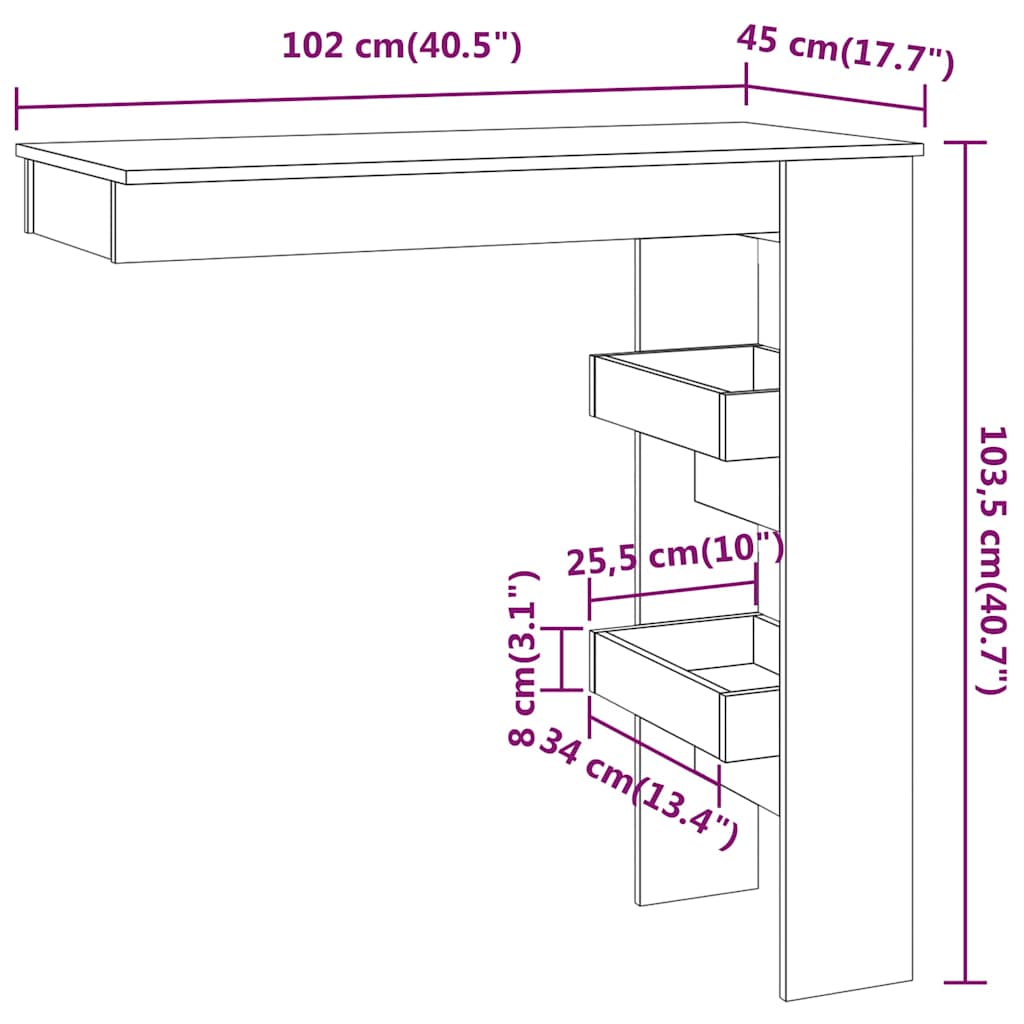 vidaXL Τραπέζι Μπαρ Τοίχου Λευκό 102x45x103,5 εκ. Επεξεργασμένο Ξύλο