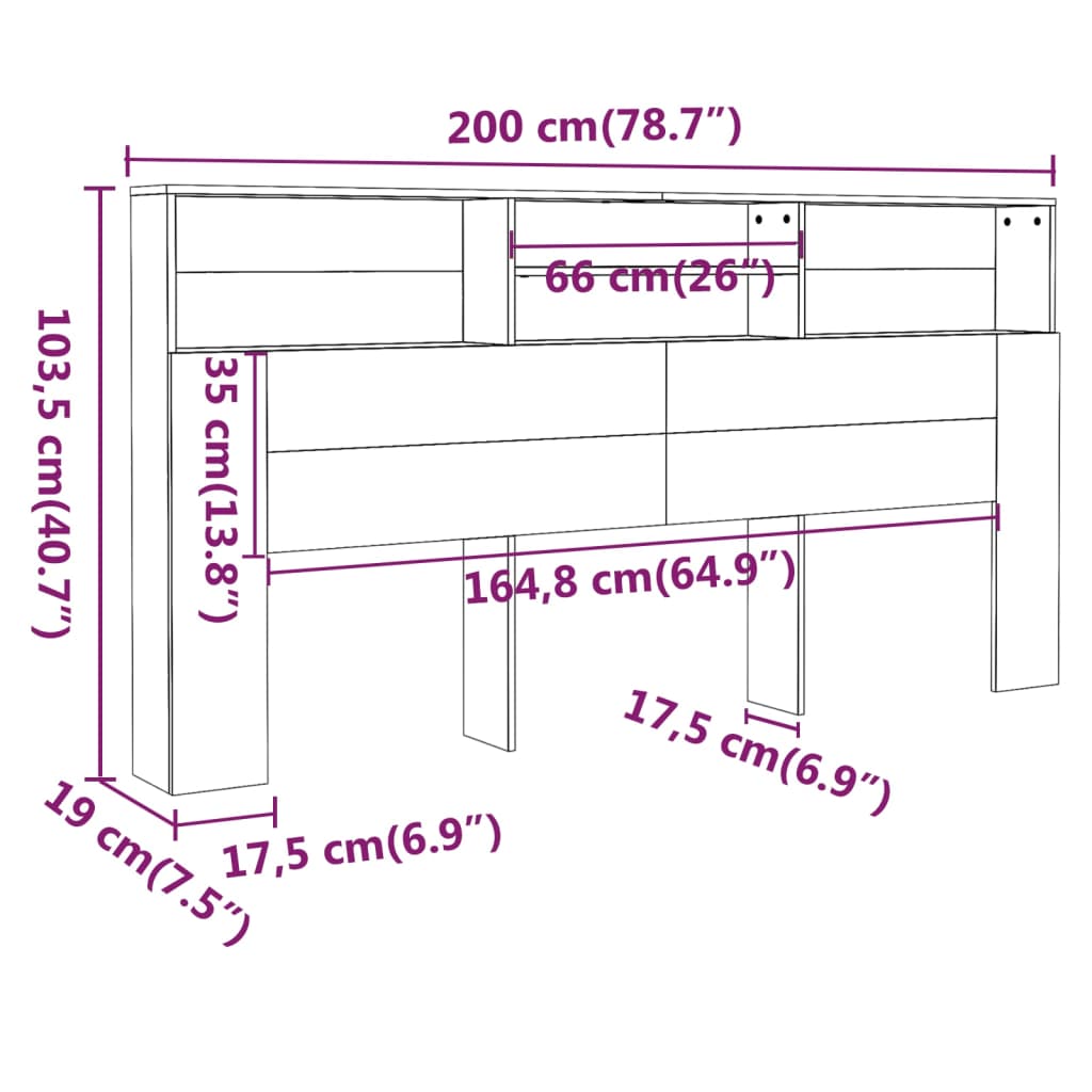 vidaXL Κεφαλάρι Με Αποθηκευτικό Χώρο Γκρι Sonoma 200 x 19 x 103,5 εκ.