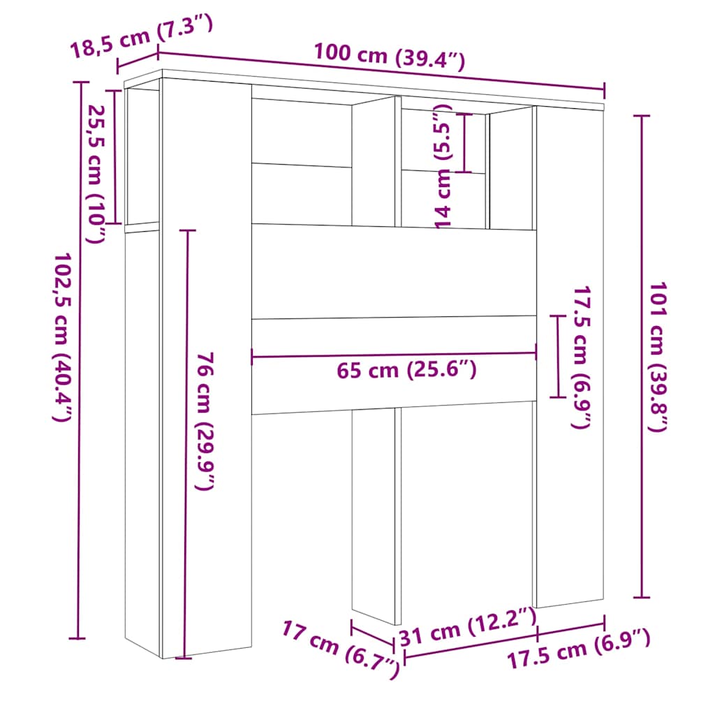 vidaXL Κεφαλάρι Με Αποθηκευτικό Χώρο Γκρι Sonoma 100 x 18,5 x 102,5 εκ