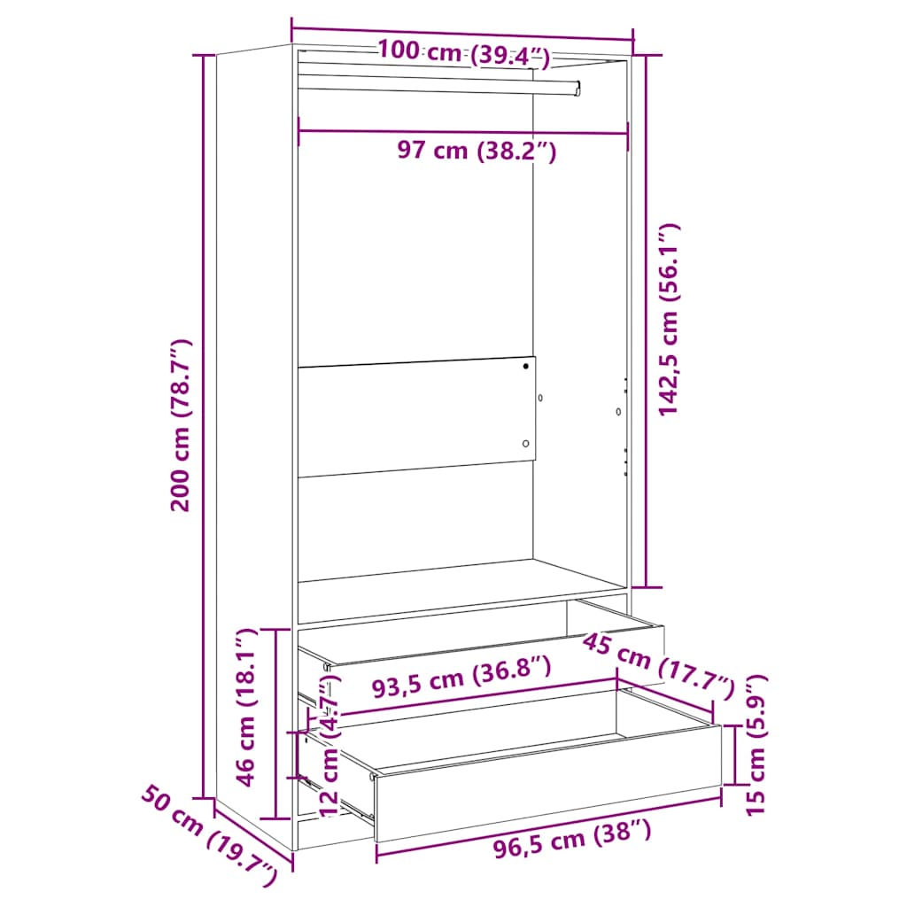 vidaXL Ντουλάπα Γκρι Sonoma 100x50x200 εκ. από Επεξεργασμένο Ξύλο