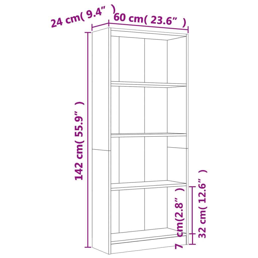 vidaXL Βιβλιοθήκη με 4 Ράφια Γκρι Sonoma 60x24x142 εκ. Επεξεργ. Ξύλο