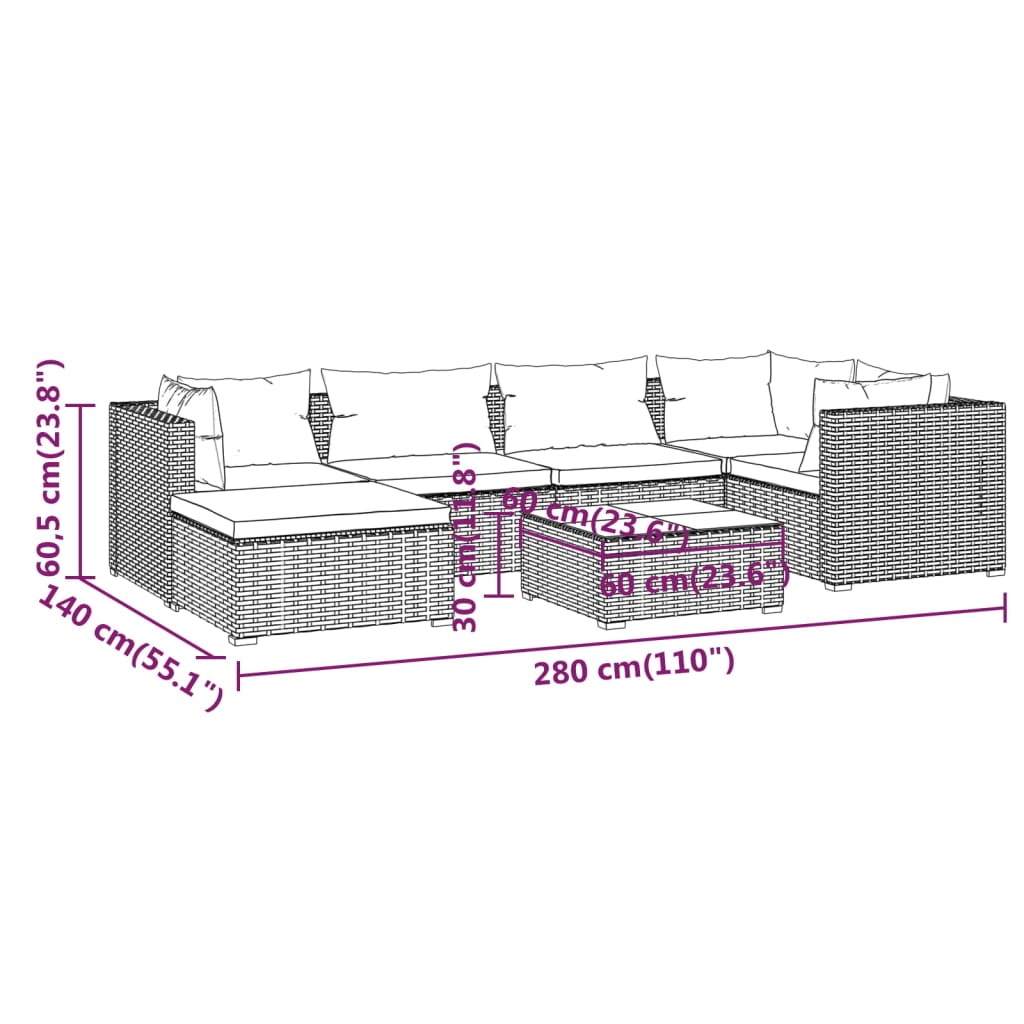 vidaXL Σαλόνι Κήπου Σετ 7 Τεμαχίων Γκρι Συνθετικό Ρατάν με Μαξιλάρια
