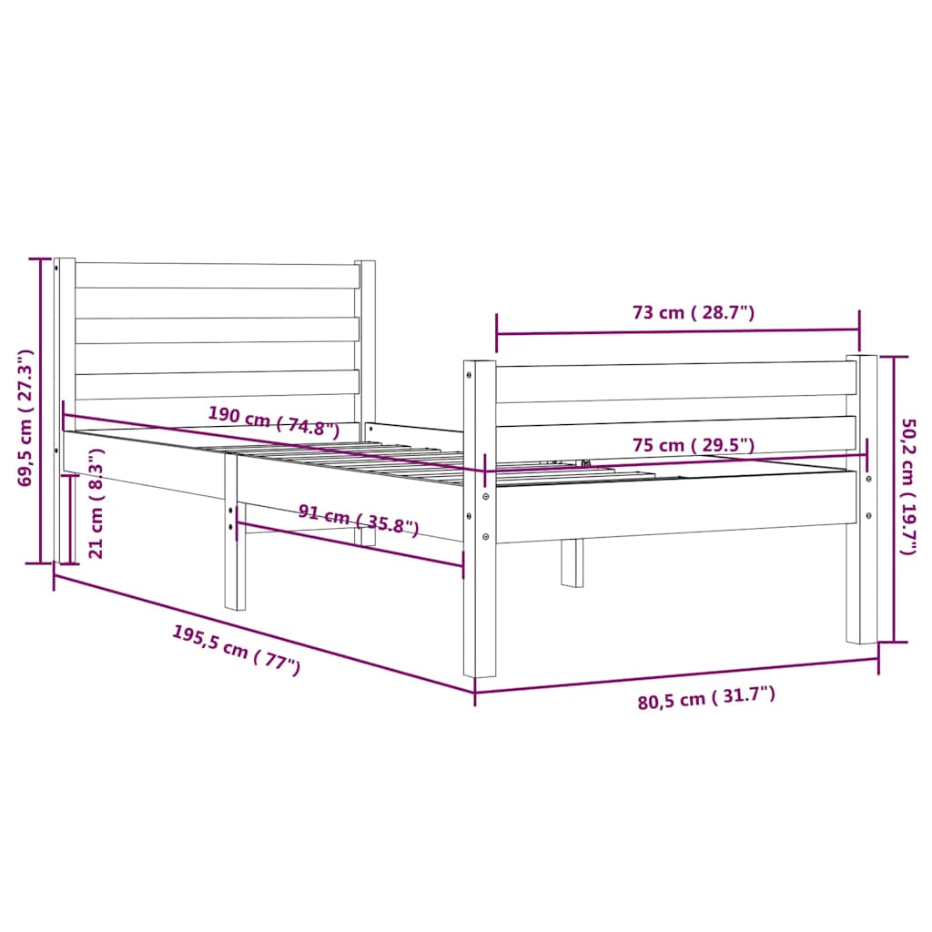 vidaXL Πλαίσιο Κρεβατιού Μελί 75x190 εκ. Ξύλο Πεύκου Small Single