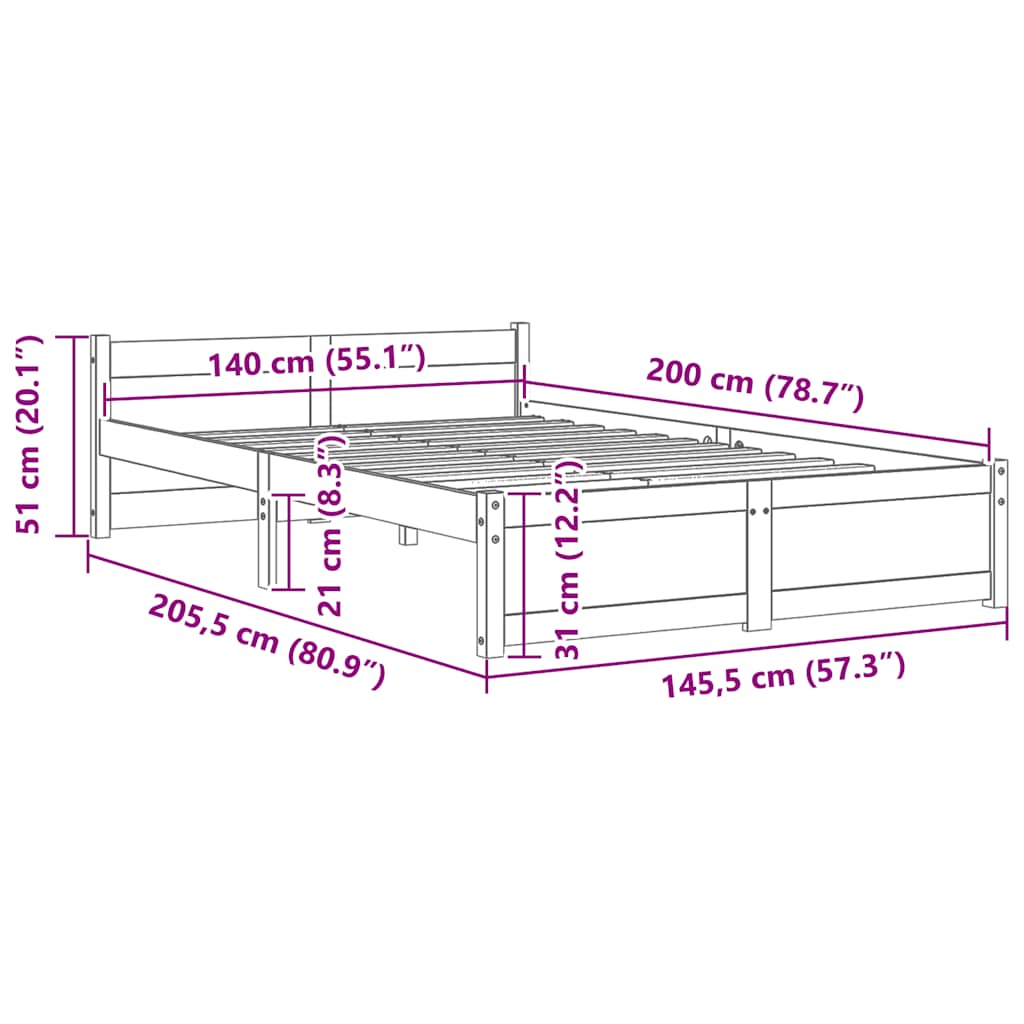vidaXL Σκελετός Κρεβατιού Χωρίς Στρώμα 140x200 εκ Μασίφ Ξύλο