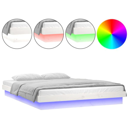 vidaXL Πλαίσιο Κρεβατιού με LED Λευκό 135x190 εκ. Διπλό Μασίφ Ξύλο