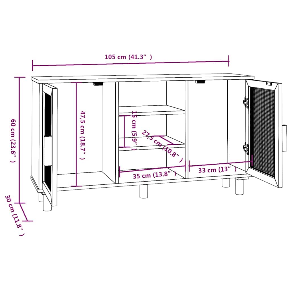 vidaXL Ντουλάπι Μαύρο 105x30x60 εκ. από Μασίφ Πεύκο & Φυσικό Ρατάν