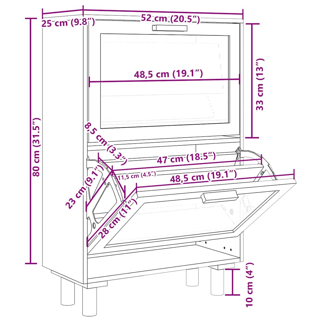 vidaXL Παπουτσοθήκη Μαύρη 52x25x80 εκ Επεξεργασμένο Ξύλο&Φυσικό Ρατάν