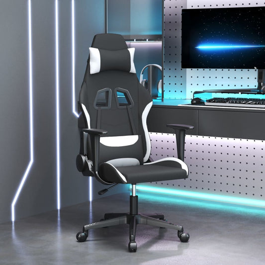 vidaXL Καρέκλα Μασάζ Gaming Μαύρη και Λευκή Υφασμάτινη