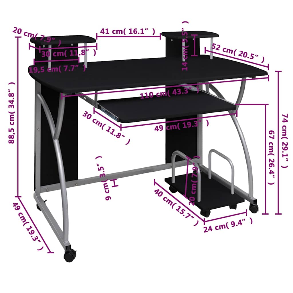 vidaXL Γραφείο Υπολογιστή Μαύρο 110 x 52 x 88,5 εκ. Επεξεργασμένο Ξύλο