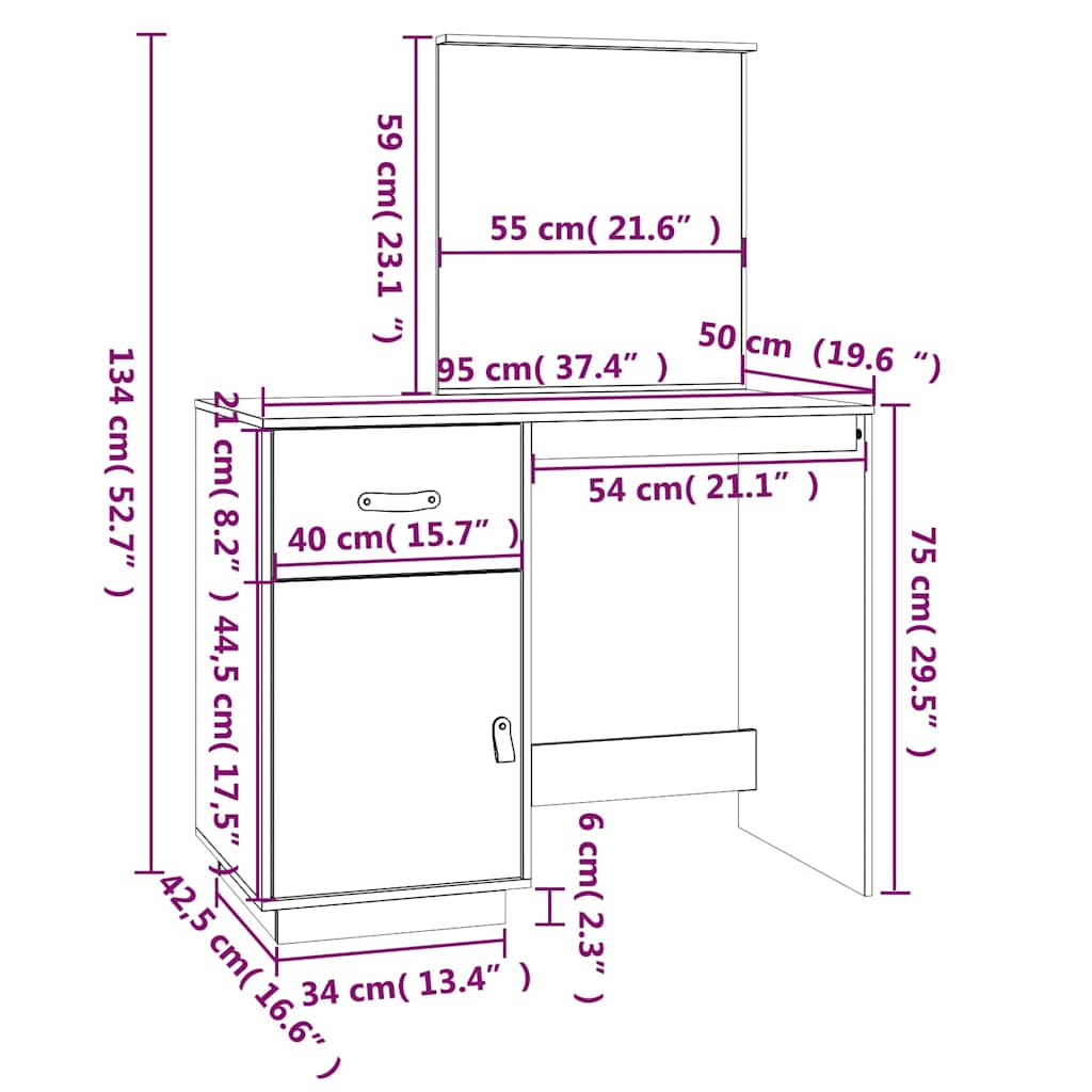 vidaXL Μπουντουάρ Λευκό 95x50x134 εκ. Μασίφ Ξύλο Πεύκου
