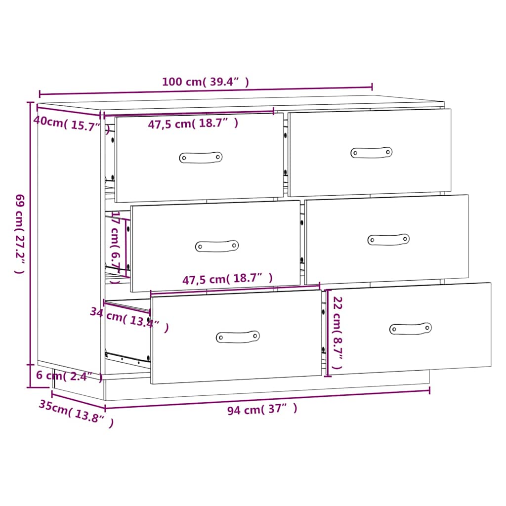vidaXL Συρταριέρα Μαύρη 100 x 40 x 75 εκ. από Μασίφ Ξύλο Πεύκου