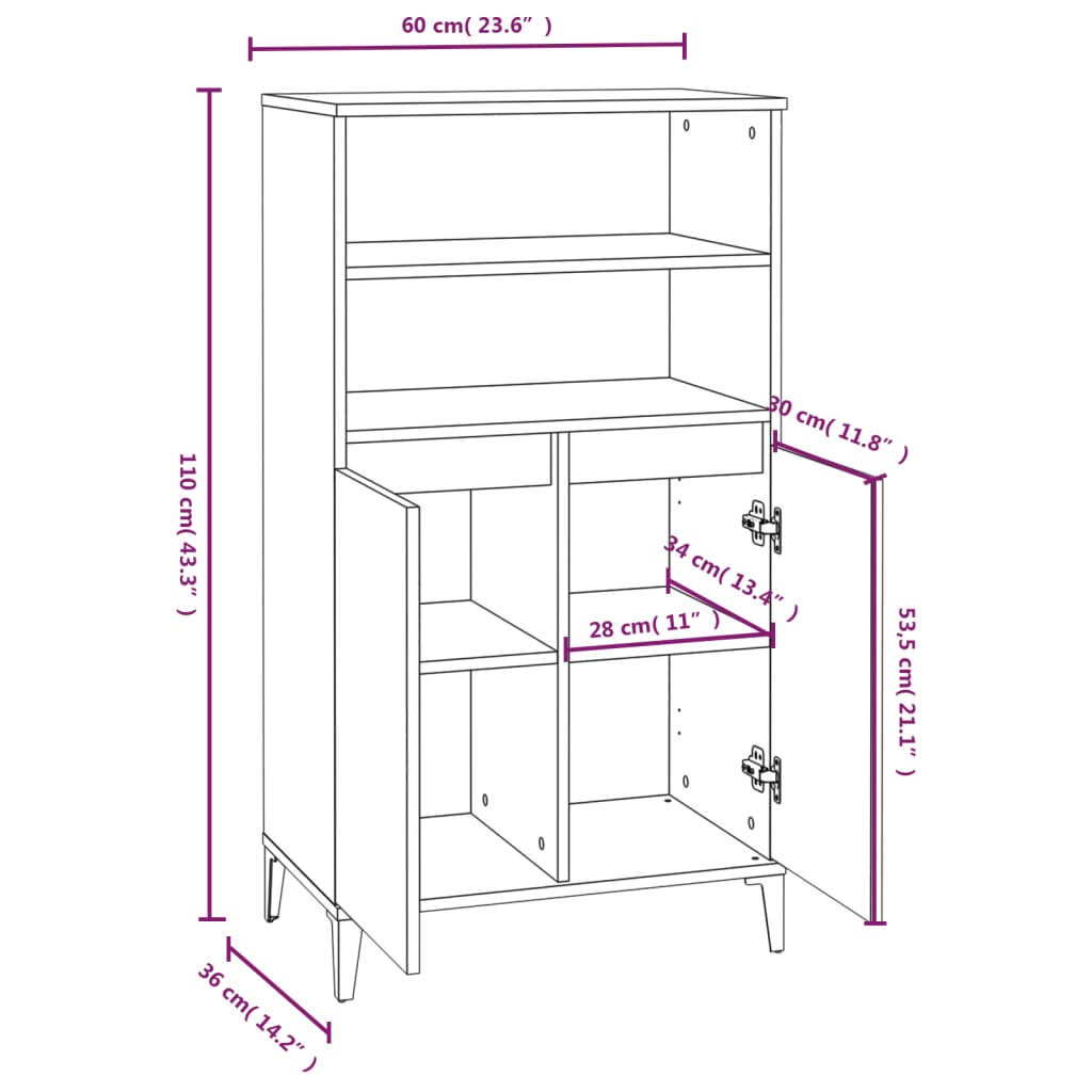 vidaXL Ντουλάπι Γυαλ. Λευκό 60 x 36 x 110 εκ. από Επεξεργασμένο Ξύλο
