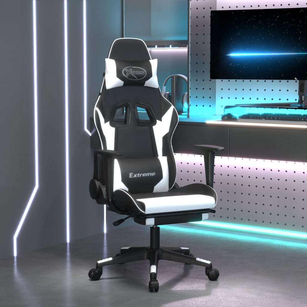 vidaXL Καρέκλα Gaming Μασάζ Υποπόδιο Μαύρο/Λευκό από Συνθετικό Δέρμα