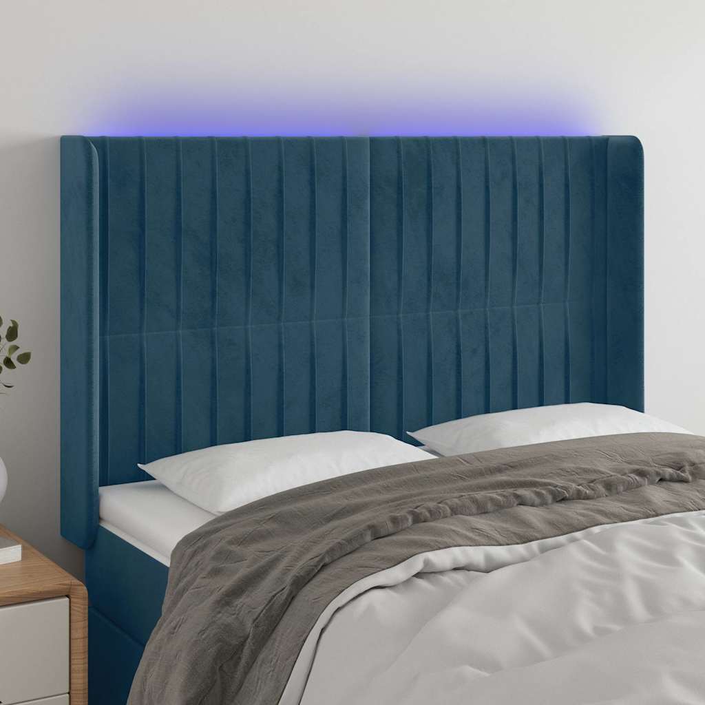 vidaXL Κεφαλάρι Κρεβατιού LED Σκούρο Μπλε 147x16x118/128 εκ. Βελούδινο