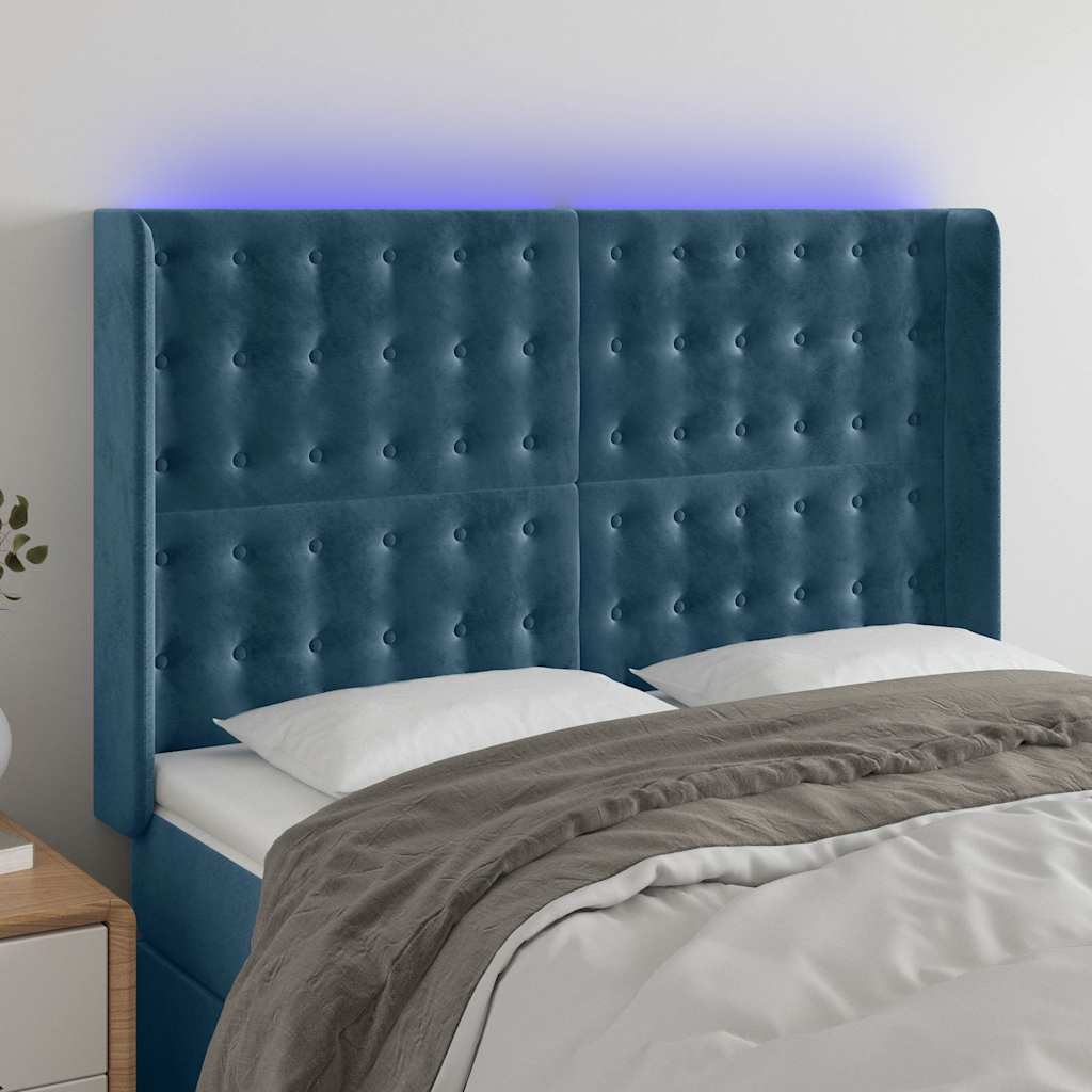 vidaXL Κεφαλάρι Κρεβατιού LED Σκούρο Μπλε 147x16x118/128 εκ. Βελούδινο