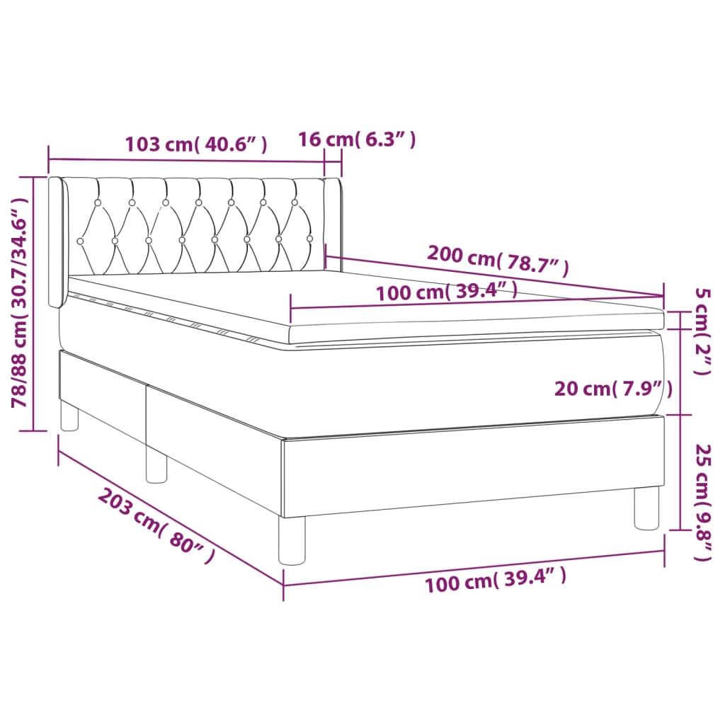 vidaXL Κρεβάτι Boxspring με Στρώμα Μαύρο 100 x 200 εκ. Υφασμάτινο
