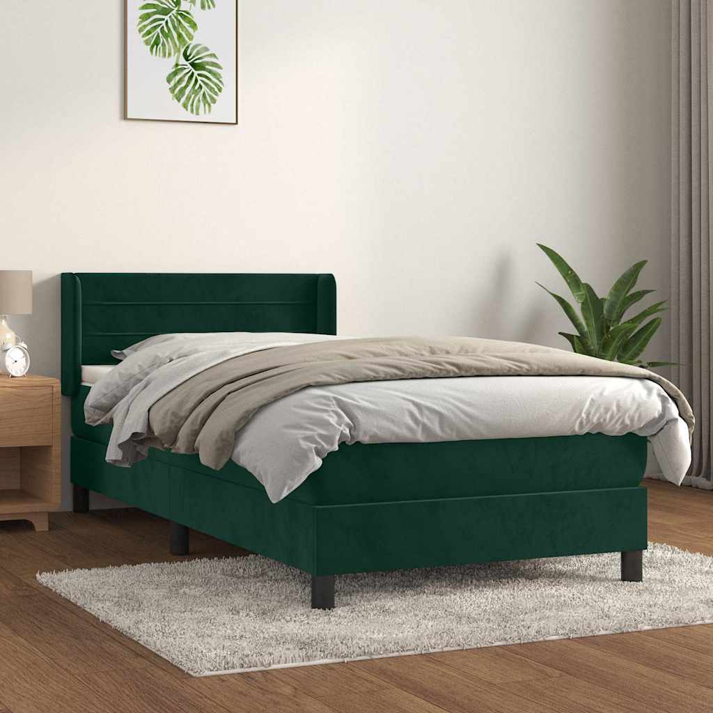 vidaXL Κρεβάτι Boxspring με Στρώμα Σκούρο Πράσινο 90x190 εκ. Βελούδινο