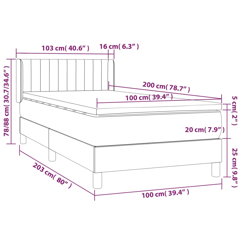 vidaXL Κρεβάτι Boxspring με Στρώμα Σκούρο Γκρι 100x200 εκ. Βελούδινο